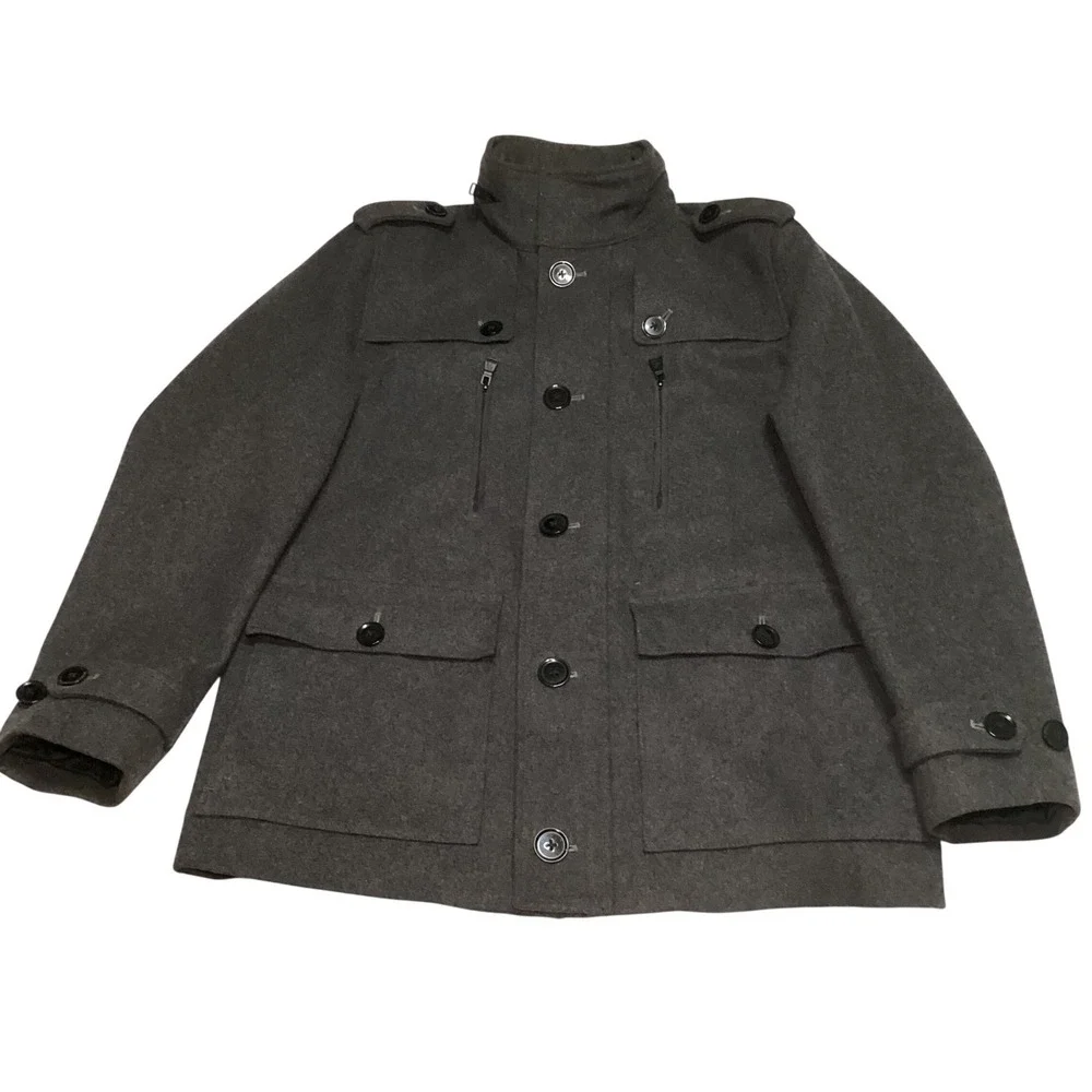 Express Mens Heather Grey Wool Blend Field Jacket Hooded Coat 37F3440 Size M
